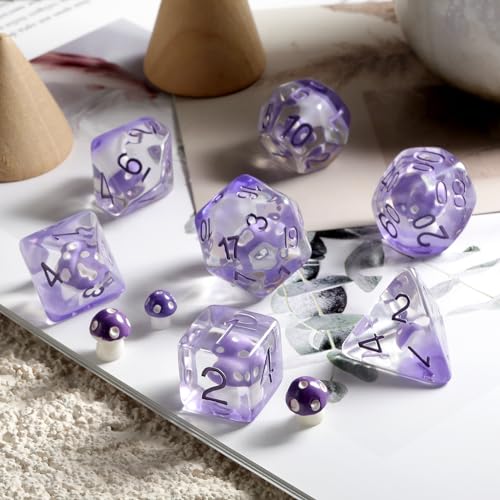 Mushroom Resin Dice Set D&D, DNDND 7PCS D&D Dice Set with Gift Velvet Bag for Dungeons and Dragons Role Playing Games and Tabletop Games（Purple Mushroom - color: Mushroom Purple