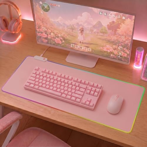 Pink RGB Gaming Mouse Pad, 35.4 × 15.7 Inch XXL Mouse Pad for Desk, 13 Light Modes, Non-Slip Rubber Base, Waterproof, for PC Laptop Office Gaming Use - color: Pink 35.4 ×15.7‘’