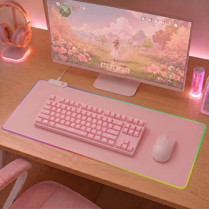 Pink RGB Gaming Mouse Pad, 35.4 × 15.7 Inch XXL Mouse Pad for Desk, 13 Light Modes, Non-Slip Rubber Base, Waterproof, for PC Laptop Office Gaming Use - color: Pink 35.4 ×15.7‘’