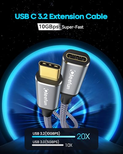 CLEEFUN USB-C Extension Cable - 1ft, 1-Pack, USB-C Male to Female, 10Gbps Data & 4K Video Sync, 100W Fast Charging for Laptop, Tablet, Phone - color: Grey, size: 1ft