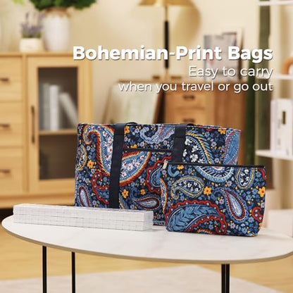 American Mahjong Tile Set with Navy Printed Carrying Bag, 166 Premium White Tiles, 4 All-in-One Color Racks/Pushers, Mah Jongg Sets, Complete Mahjong Game Set for Travel - color: Navy Print