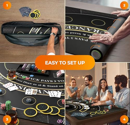 Newverest Blackjack Mat 70" x 35", Blackjack Table Top for Home Game Nights with Friends | Black Jack Casino Table Topper, Poker Mat Layout in Zipper Storage Bag with 8 Coasters in Gift-Ready Box - color: Golden Black