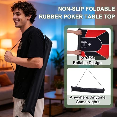 DTGN Portable Poker Table Mat, 47" x 24" Non-Slip Foldable Rubber Poker Mat, Noise Reduction Table Top with Polyester Storage Bag for Tabletop Games Home Games Night, Dark Blue - size: 47" x 24"