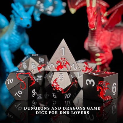 Dragon Metal DND Dice Set,Heavy Zinc Alloy Polyhedral 7-Die Set for Fantasy TTRPG & Tabletop RPG Games,Luxury Magnetic Display Case,Gift Ready for Collectors & Players(Black Red Dragon) - color: Black With Red