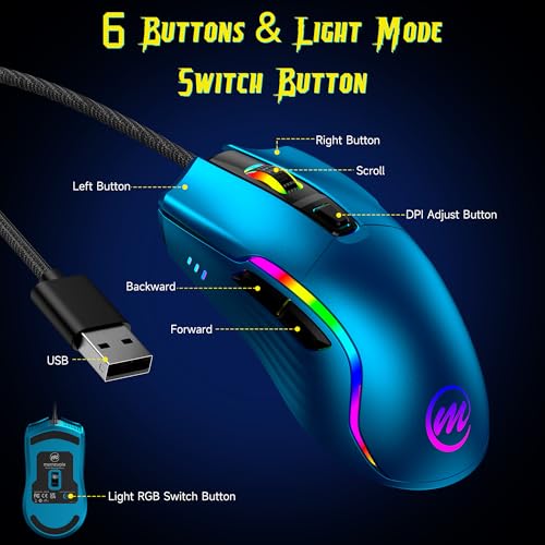 memzuoix Wired Gaming Mouse with RGB - 6 Adjustable DPI up to 12800, 6 Buttons, 12 Lighting Modes, Ergonomic Design with Anti-Slip Rubber Wheel, 5.6ft Braided Cable for PC/Mac/Windows - Blue - color: blue