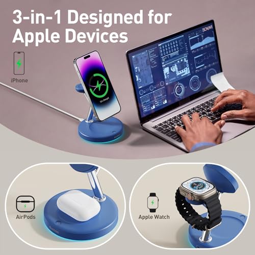 【Adjustable Blue Ambient Light】 Wireless Charger 3 in 1 for iPhone, Magnetic Charging Station for Apple Family,15W Fast MagSafe Charger Stand,for iPhone17-12-iWatch AirPods Series - color: Blue
