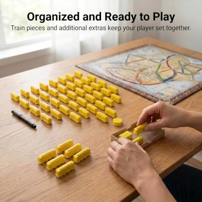 Replacement Train Pieces Compatible with Ticket to Ride (Yellow) | Includes 45 standard train tokens, one marker and additional spare trains. - color: Yellow