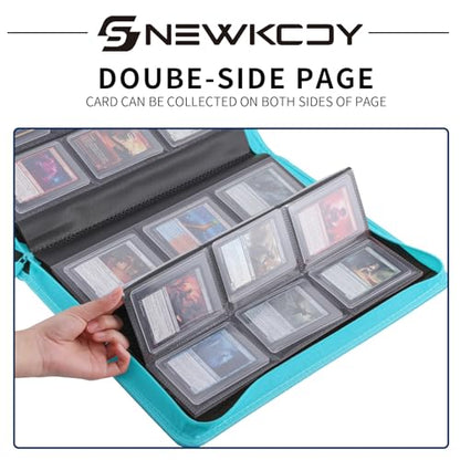 Snekdy Top loader Binder, 9 Pockets Top Loader，Holds 360 Top Loaders cards, Card binder with Sleeves for card in 3 x 4 inch color smooth Zipper PU Leather (Turquoise) - color: Turquoise