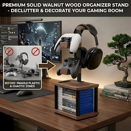 Solid Wood Headphone Stand & Controller Holder with Video Game Storage Base | 4-in-1 Gaming Equipment Accessories for Xbox one/PS5/PS4 Controller - Save Desk Space for Gamer Room and Decor Gift for Men