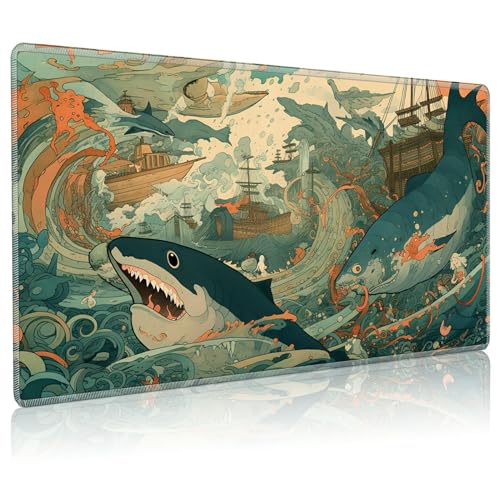 Playmat for MTG, 24 x 14 inches Game Play Mat for MTG TCG and Other Card Games, Trading Card Game Play Mat Desk Mats with Stitched Edges Non-Slip Base, Shark Dolphin - color: Shark Dolphin, size: Regular
