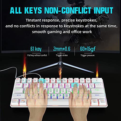 Snpurdiri Wired 60% Mechanical Gaming Keyboard, Blue Switch Anti-Ghosting 61 Key Keyboard with RGB Backlit and Double Foot, Ultra-Compact White - color: White/Blue Switch