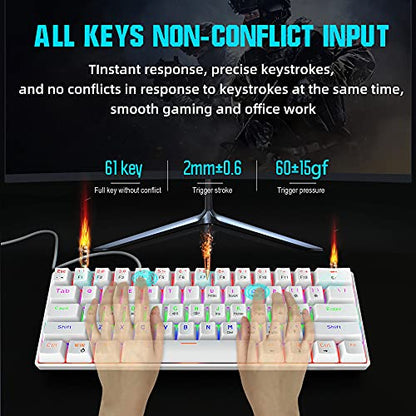 Snpurdiri Wired 60% Mechanical Gaming Keyboard, Blue Switch Anti-Ghosting 61 Key Keyboard with RGB Backlit and Double Foot, Ultra-Compact White - color: White/Blue Switch
