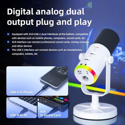 USB/XLR Desktop Dynamic Microphone with RGB Lighting, Noise Reduction, Mute Button & Headphone Jack - Podcast, Gaming, Streaming Mic for PC & Computer (White) - color: White