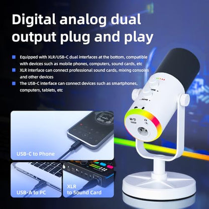 USB/XLR Desktop Dynamic Microphone with RGB Lighting, Noise Reduction, Mute Button & Headphone Jack - Podcast, Gaming, Streaming Mic for PC & Computer (White) - color: White