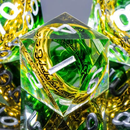 OUKELANWO Magic Lord Rings DND Dice Set with Box, 7Pcs Resin LOTR D&D Dice Set for Role Playing Game, Green Dungeons Dragons D and D Sharp Edge Dice D20 D12 D10 D8 D6 D4 - color: Green & White