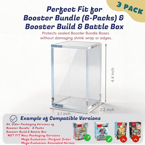 (3 Pack) Standard Height Booster Bundle Acrylic Case, Magnetic Display Case | 8mm Crystal-Clear Acrylic, Magnetic, Stackable, Fits Standard-Height Booster Bundles & Build & Battle Boxes