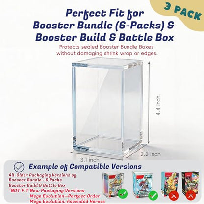 (3 Pack) Standard Height Booster Bundle Acrylic Case, Magnetic Display Case | 8mm Crystal-Clear Acrylic, Magnetic, Stackable, Fits Standard-Height Booster Bundles & Build & Battle Boxes