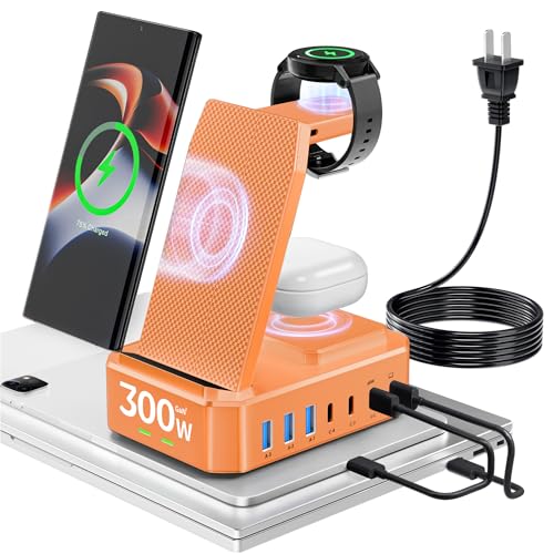 300W Wireless Charger for Samsung,Zutspzss 10 in 1 Wireless Charging Station, 65W USB C Fast Charging Stand for Samsung S25 Ultra/S24/S23/S22/Z Fold,Galaxy Watch Ultra7/6/5,Galaxy Buds,Orange - color: Orange