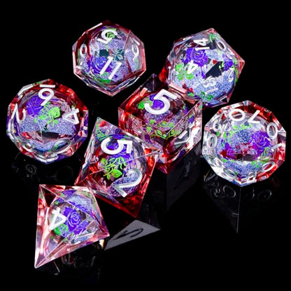 ARUOHHA Liquid Core DND Dice Set, Vampire Sharp Edged Dragons Dice Compatible with D&D RPG Role Playing Games, Resin Blood Red Polyhedral Dungeons D and D Dice with Gift Box D20 D12 D10 D8 D6 D4 - color: Rose - Silver Purple