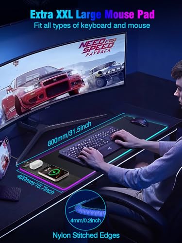 Mouse Pad with Magnetic Wireless Charging, Large Desk Pad Protector, RGB Black Desk Mat with 15W Fast Charger, Non-Slip Waterproof Mousepad for Office Home Gaming - color: Black-31.5"x15.8"