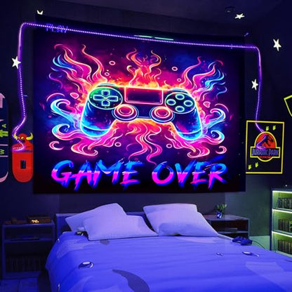 Manicer Blacklight Gaming Tapestry, Cool Neon Game Controller Wall Hanging for Boys Teens, UV Reactive GAME OVER Abstract Art 3D Gaming Poster Tapestries for Bedroom, Play Room - 59.1" x 80" - size: 80"L x 59.1"W