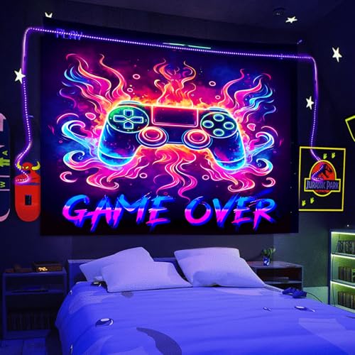 Manicer Blacklight Gaming Tapestry, Cool Neon Game Controller Wall Hanging for Boys Teens, UV Reactive GAME OVER Abstract Art 3D Gaming Poster Tapestries for Bedroom, Play Room - 59.1" x 80" - size: 80"L x 59.1"W