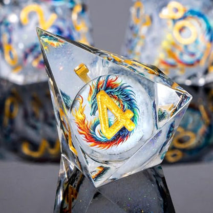 Roycevon Dragon Pattern Liquid Core DND Dice Set, 7Pcs Sharp Edge D&D Dice with Gift Box, Resin White Dungeons Dragons D and D Role Playing Dice D20 D12 D10 D8 D6 D4 - color: White Gold