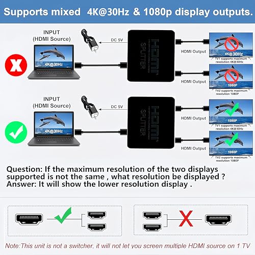 HDMI Splitter 1 in 2 Out【with 1HDMI Cable + 1USB Cable+1Power Adapter 】 1×2 Power HDMI Splitter/Distributor 2 Ports for Dual Monitors Copy/Mirror Support 4K@30Hz 1080P Full HD 3D LED HD TV PS3/4 etc - size: HDMI Splitter 1×2 4K@30HZ