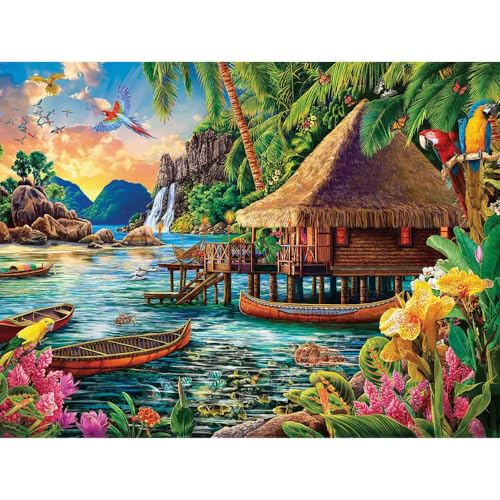 Bits and Pieces 1000 Piece Puzzles for Adults - Large 20" x 27" Jigsaw Puzzles 1000 Pieces Tiki Hut Polynesian Lagoon, Random Die Cut, No 2 Pieces Alike, Tropical Landscape - size: 1000 Piece Puzzle