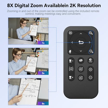 2K AI Webcam USB 3.0 with HDR 8X Digital Zoom & Microphone for PC | with Remote Control Plug and Play, Compatible with Zoom, Teams, Skype, Facetime, Meetings for Laptop Desktop Mac
