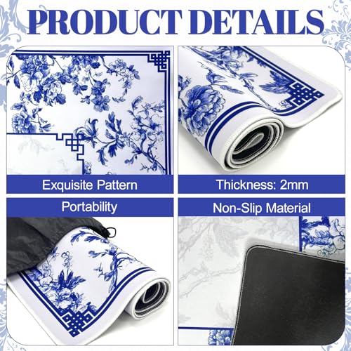 Blue Mahjong Mat with Rules, Mahjong Table Mat for Mahjong, 31.5x31.5 Inch | Mah Jong Mat with Non-Slip Base, Noise-Reducing, Mahjong Mat for Table Ideal for Mahjong, Poker, Dominoes - style: Blue & white porcelain