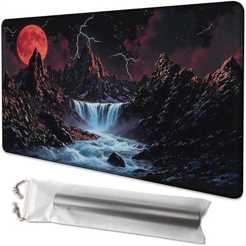 Playmat for MTG Sunset Mountains Streams Magic Play Mat 24x14 Inch Card Game Mat for Magic The Gathering TCG PTCG Playmat with Free Storage Bags Non-Slip Backing and Stitched Edge - color: Sunset Mountains Streams No With Zones