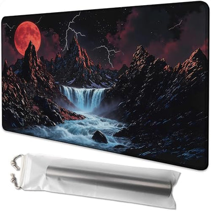 Playmat for MTG Sunset Mountains Streams Magic Play Mat 24x14 Inch Card Game Mat for Magic The Gathering TCG PTCG Playmat with Free Storage Bags Non-Slip Backing and Stitched Edge - color: Sunset Mountains Streams No With Zones