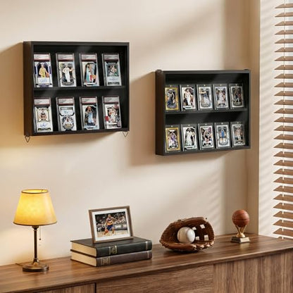 Emfogo Card Display Case, 2 Pack Trading Card Display with Clear View, Wooden Graded Sports Card Display Case Wall Mounted, Baseball Card Display Frame for Trading Card Collection (2 Pack-Black) - size: 2-Layer 2 Pack
