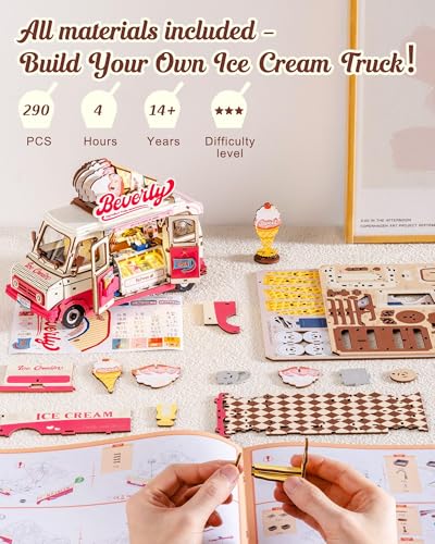 3D Wooden Puzzles for Adults - Ice Cream Truck Model Kit DIY Building Set, 290pcs Wood Craft Home Desk Decor, No Glue Needed Creative Gift for Family and Friends