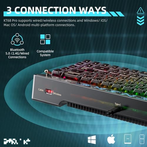 Machenike KT68 Pro 65% RGB Wireless Compact Mechanical Gaming Keyboard, Customizable LED Screen, 3-Modes 68 Keys Hot Swappable Brown Switch, Anti-Ghosting, Transparent Keycaps, Win/Mac, Black - color: Transparent Black, size: Brown Switch