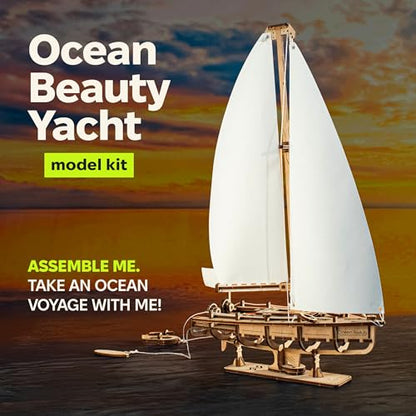UGEARS Ocean Beauty Yacht 3D Wooden Puzzles for Adults - Mechanical Wooden Model Kits for Adults to Build - DIY Puzzle Boat with Paper Sails - Brain Teaser Building Set 3D Puzzle