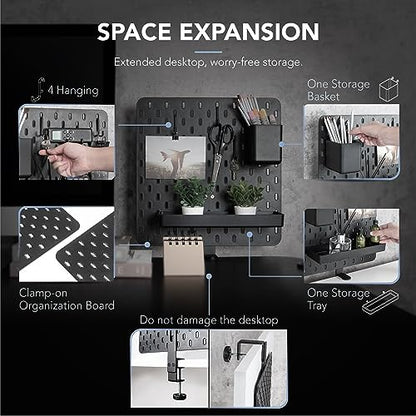 EHO Clamp-On Desk Pegboard, 13.5 x 14 inch Privacy Divider, Desk Partition Panel, No-Drill Desk Mounted Organizer, Combination Peg Board for Office, Gaming, Home, Plants, Black