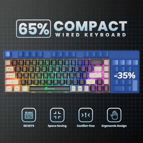 GEODMAER 65% Gaming Keyboard, LED Backlit Mini Wired Gaming Keyboard, Ultra-Compact Anti-Ghosting No-Conflict 68 Keys Gaming Wired Keyboard for PC Laptop Gamer - color: Black-Gray