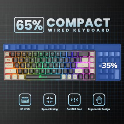 GEODMAER 65% Gaming Keyboard, LED Backlit Mini Wired Gaming Keyboard, Ultra-Compact Anti-Ghosting No-Conflict 68 Keys Gaming Wired Keyboard for PC Laptop Gamer - color: Black-Gray