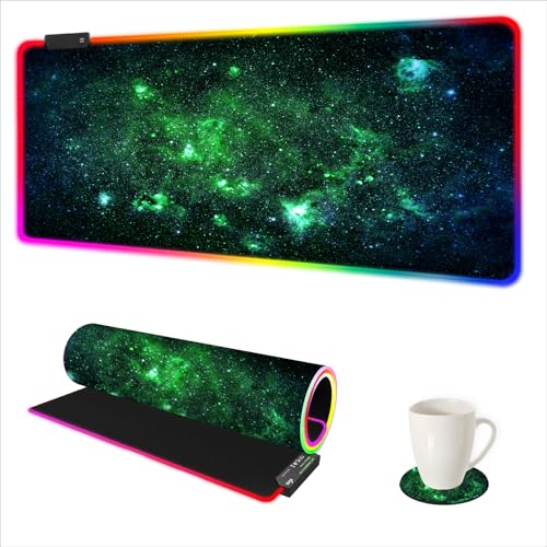 AIMSA RGB Gaming Mouse Pad Extended, Large Led Mousepads Non-Slip Rubber Base with 14 Lighting Modes, Computer Keyboard Mat Soft Desk pad 35.4 x 15.8 inches, Green Star River - color: Green Star River
