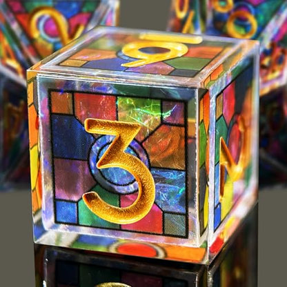 HAOMEJA Double Layered Resin Dice Set 7pcs/ Stained Glass Effect & Gold Numbers/Sharp Edged Polyhedral Dice/Apply to D&D/DND/Role Playing Game/RPG/Party Gift (Rainbow) - color: 3 Rainbow