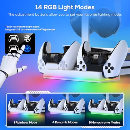 RGB Horizontal Cooling Station Stand for PS5 Slim/Pro Console | 2 Controller Charger, Auto Silent Cooling Fan, 14 Light Modes, Headset Holder, Disc & Digital Compatible