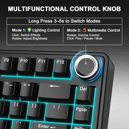 Aula F75 75% Wireless Mechanical Keyboard, Gasket Mount Hot Swappable Gaming Keyboard with Knob, Tri-Mode BT5.0/2.4G/USB-C, Creamy Thocky Sound Pre-lubed Linear Switch, PBT Keycaps for PC Mac - color: Black