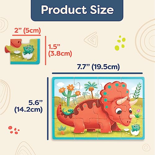 B. toys Pack o' Puzzles Wooden Dinosaur, 4 Pack, Wood Toys, 51-Piece Set | 4 wooden dinosaur puzzles with 12 pieces each, color-coded backs, sturdy wooden box for storage, Wood Toys, 3+ Years - style: Dino