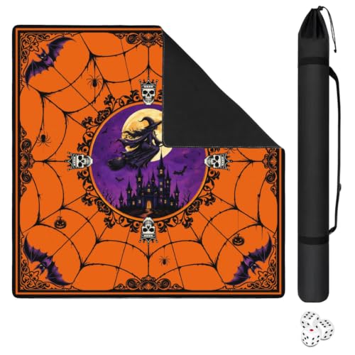 Orange Halloween Mahjong Mat for Table, 31.5*31.5in Anti Slip Mahjong Table Cover, Noise Reduction, Neoprene Mah jongg Mat with Carrying Bag & 3 Dices, Witch Scary Holiday Poker Board Tile Games Mats - color: Halloween01
