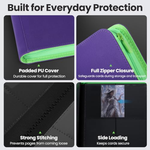 4 Pocket Trading Card Binder, Ringless Card Binder with Zipper for TCG and Sport Cards Collections, Holds 160 Cards with Side-Loading Pages, Purple & Neon Green - color: 2.Purple & Neon Green - 4 Pocket - 160 Slots