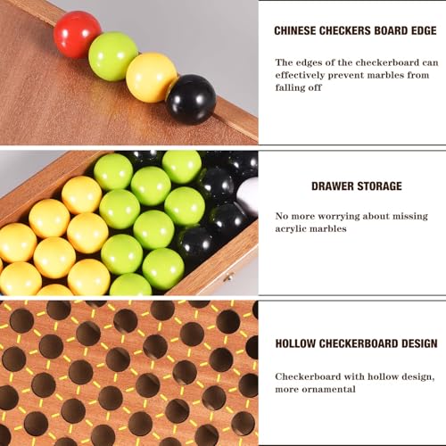 AMEROUS Large 20.5 inches Wooden Chinese Checkers Set with Storage Drawer - 60 Acrylic Marbles in 6 Colors - 12 Bonus Spare Marbles, Classic Strategy Family Board Game for Adults