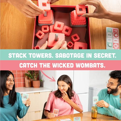 Exploding Kittens Hand to Hand Wombat, 3-6 Players, Age 7+ | Build towers with your eyes closed, spot the secret saboteurs, and vote out the Wicked Wombats before they wreck it all!