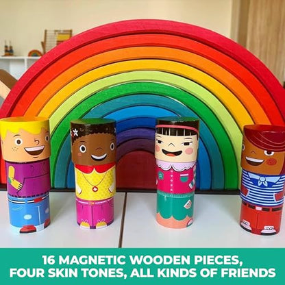 16-Piece Magnetic Wooden Friends Set, Diversity Dolls | Diversity toys for preschool and child care, multicultural friends in four skin tones, mix and match heads, bodies and legs - size: 16 Piece Set
